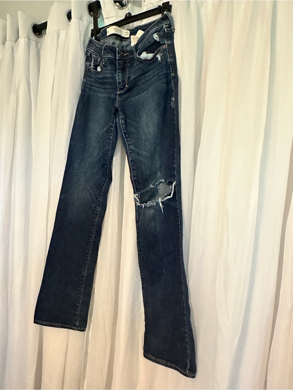 Abercrombie & Fitch Dark Blue Flare Jeans with Knee Distress - Picture 4 of 7